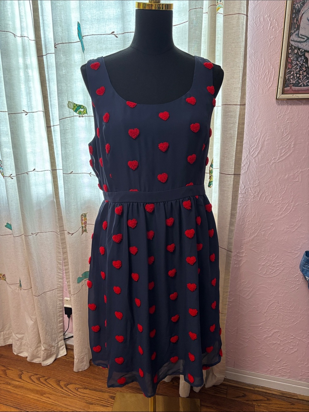 ModCloth Navy Sleeveless Dress with Red Heart Embroidery